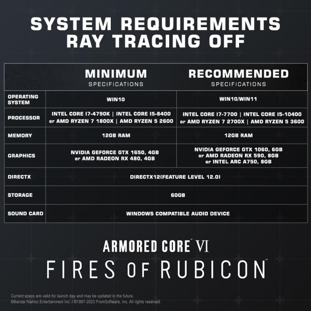 Armored Core 6 system requirements are pretty much the same as the Elden  Ring system requirements