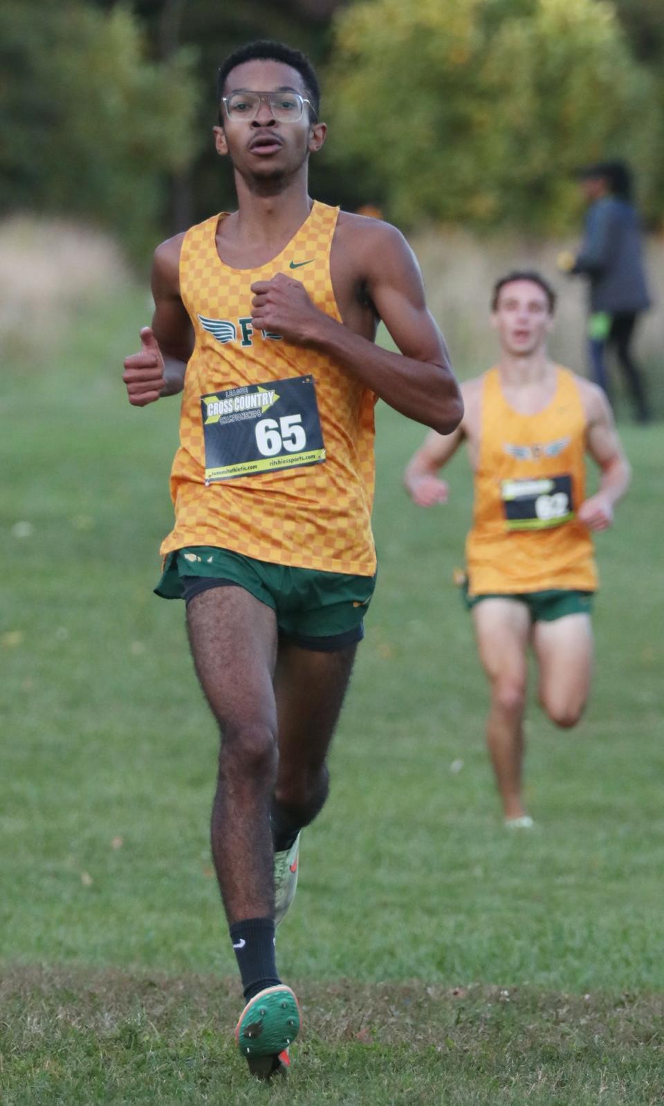 Firestone's Rylan Garden finishes third in the City Series cross country championship at Goodyear Heights Metro Park, Wednesday, Oct. 11, 2023.