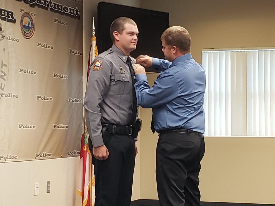 This photo, from 2019, shows Jason Raynor being sworn in as a Daytona Beach police officer.