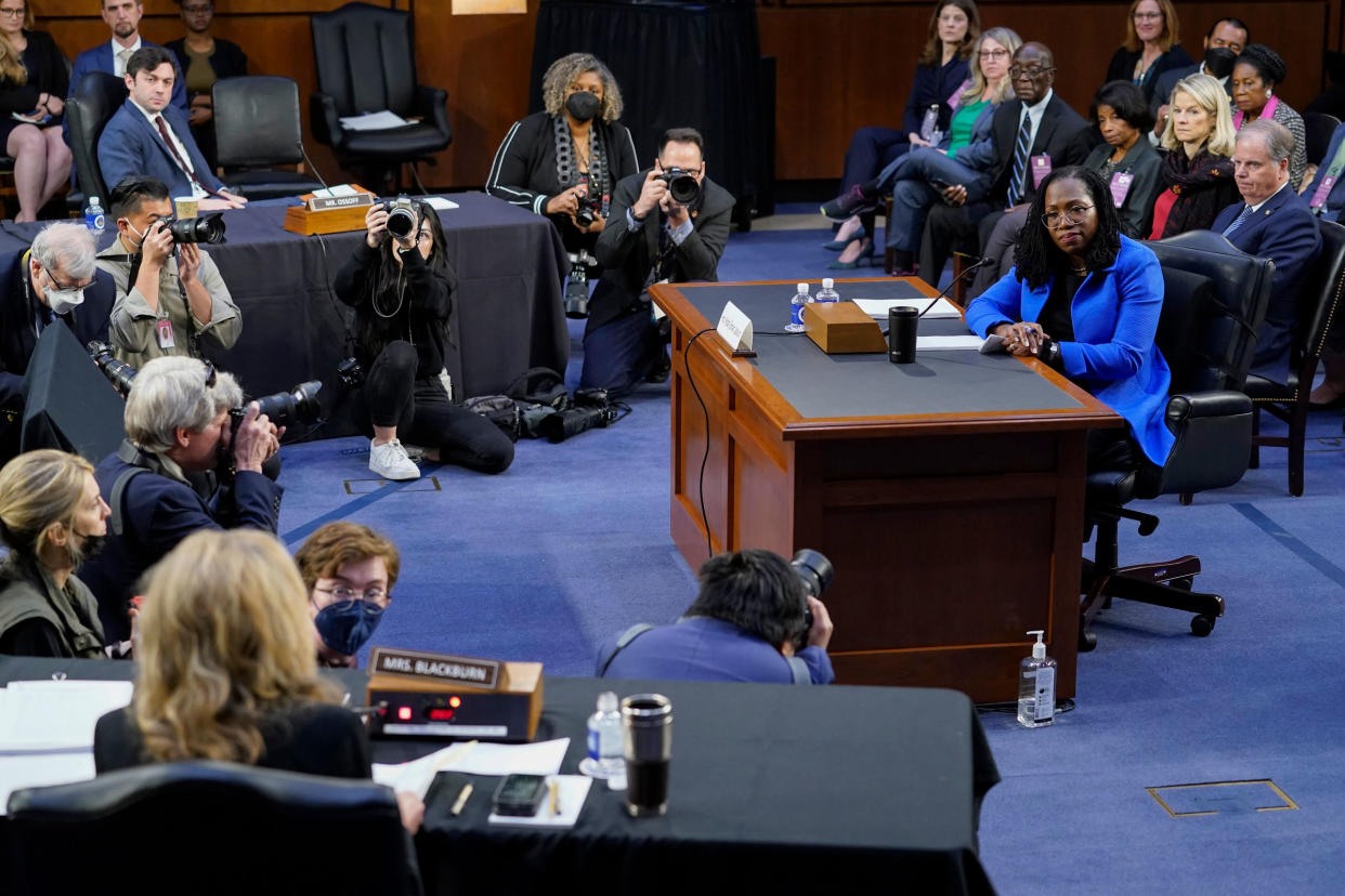 Judge Ketanji Brown Jackson listens as she is asked a question