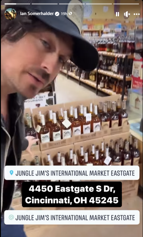 Ian Somerhalder posted a video from the Jungle Jim's in Eastgate on Thursday, April 4, to show off signed bottles of Brother's Bond Bourbon.