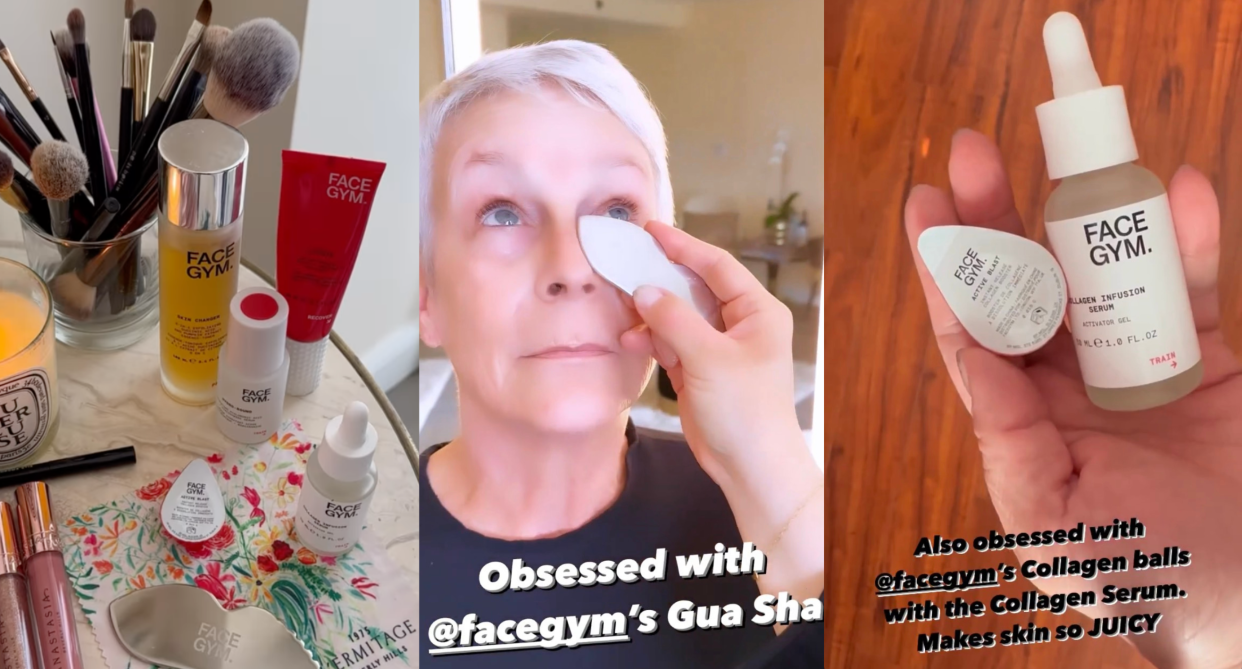 split screen of Jamie Lee Curtis oscars 2023 beauty prep with facegym gua sha and facegym collagen balls