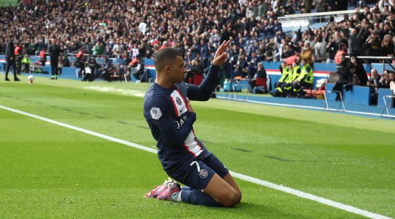 Kylian Mbappe celebrates his goal for PSG against Lille at the Parc des Princes in February 2023.