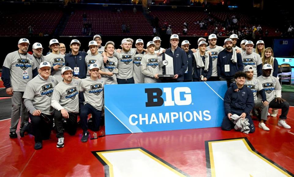 Penn State wrestling celebrates being crowned the Big Ten Wrestling Champions at the Xfinity Center at the University of Maryland on Sunday, March 10, 2024.