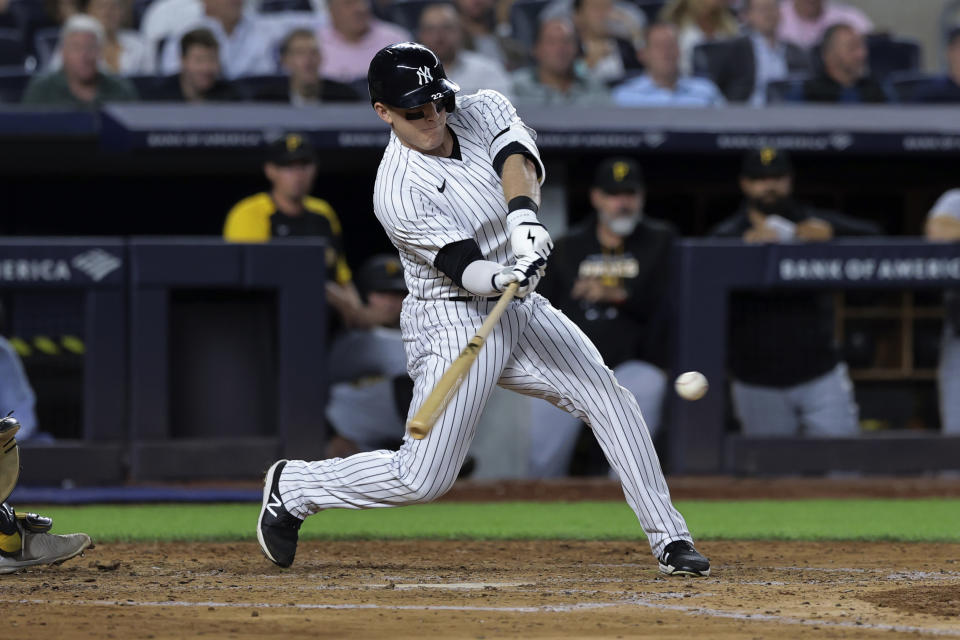 New York Yankees' Harrison Bader hits an RBI single against the Pittsburgh Pirates during the fifth inning of a baseball game Tuesday, Sept. 20, 2022, in New York. (AP Photo/Jessie Alcheh)