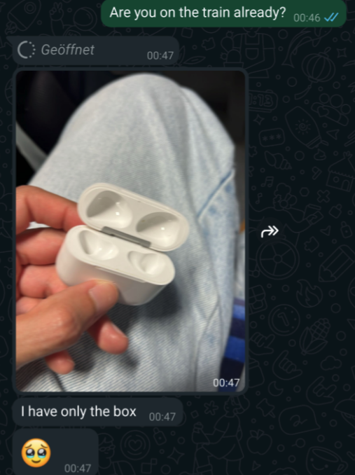 Screenshot of messaging app showing a conversation. A person is holding an open, empty earphone case. Text: "Are you on the train already?", "I only have the box"with a sad emoji