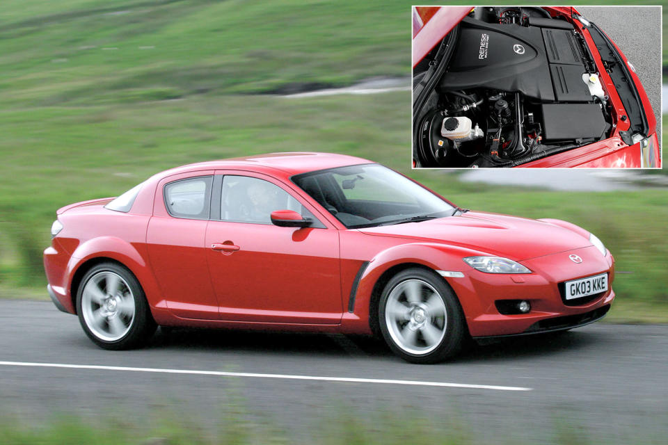 <p>Rotary engines lend themselves to high revs as there are no pistons going up and down in a cylinder. Instead, there’s a <strong>triangular</strong> rotor that spins around a central shaft. It’s a design Mazda has made its own over the years, with the RX-8 the most recent recipient, though this type of engine has also powered Mazda to <strong>Le Mans</strong> victory in the past.</p><p>The RX-8’s 228bhp version of the 1.3-litre rotary engine is a twin rotor design, so has two chambers that share the same central shaft. This design also gives the RX-8 its <strong>distinctive</strong> engine sound when it’s pressed towards that 9500rpm rev limit. And you’ll need to if pressing on – just <strong>159lb ft</strong> of torque is available.</p>