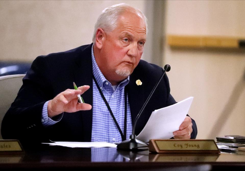 School Board Member Coy Young speaks against the American Classical Academy Charter School during a called school board meeting where a voted for approval or denial of the Charter School was held on Tuesday, April 25, 2023.