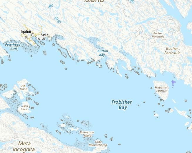 A map on Natural Resources Canada's website showing the location of Nunavut's Old S---w (highlighted in purple, right side of the image near Frobisher's farthest).