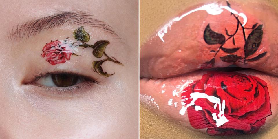 You can wear temporary tattoos as an adult with this fun Instagram eye makeup/ lip art trend. MUAs top the tatts with gloss to elevate the look.