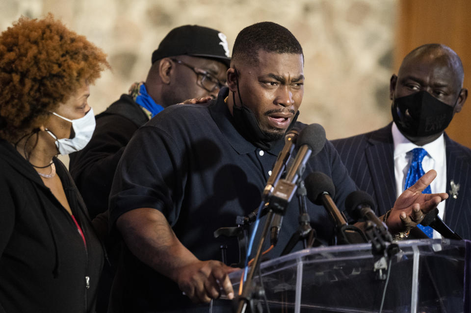 Aubrey Wright, father of the deceased Daunte Wright, speaks during a news conference at New Salem Missionary Baptist Church, Thursday, April 15, 2021, in Minneapolis. (AP Photo/John Minchillo)