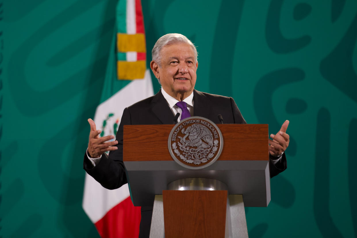 MEXICO CITY, MEXICO - JULY 28, 2021: Mexicos President Andres Manuel Lopez Obrador, talks about spy software Pegasus during his daily news conference at National Palace on July 28, 2021 in Mexico City, Mexico. (Photo credit should read Julian Lopez / Eyepix Group/Barcroft Media via Getty Images)