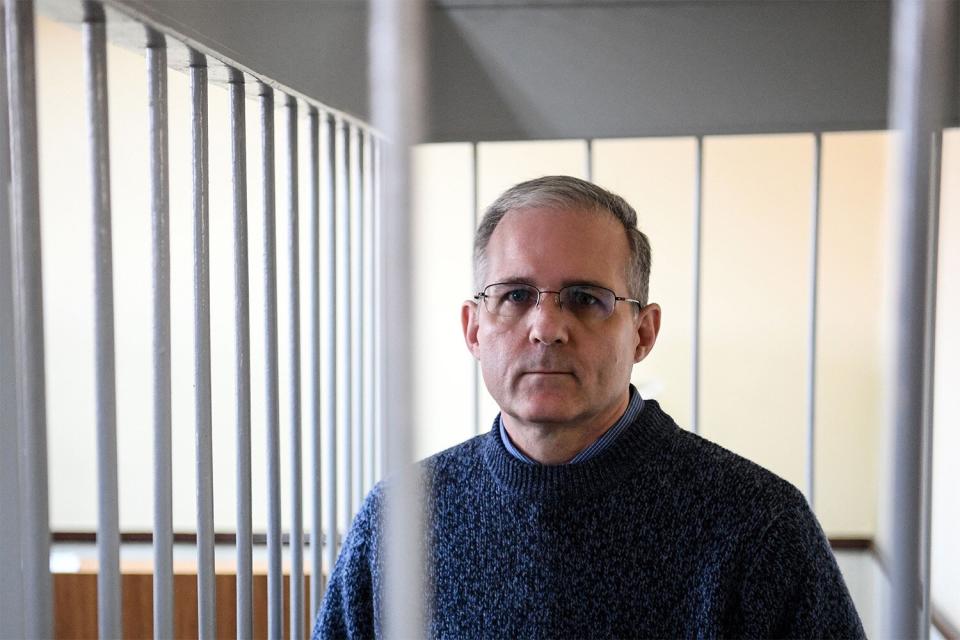 Paul Whelan, a former US Marine accused of spying and arrested in Russia stands inside a defendants' cage during a hearing at a court in Moscow on August 23, 2019. (Photo by Kirill KUDRYAVTSEV / AFP) (Photo credit should read KIRILL KUDRYAVTSEV/AFP via Getty Images)