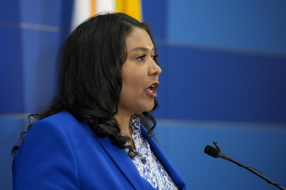 San Francisco Mayor London Breed provides an update on the homicide investigation of Robert Lee during a press conference where officials announced the arrest of a suspect, Thursday, April 13, 2023, in San Francisco. (AP Photo/Godofredo A. Vásquez)