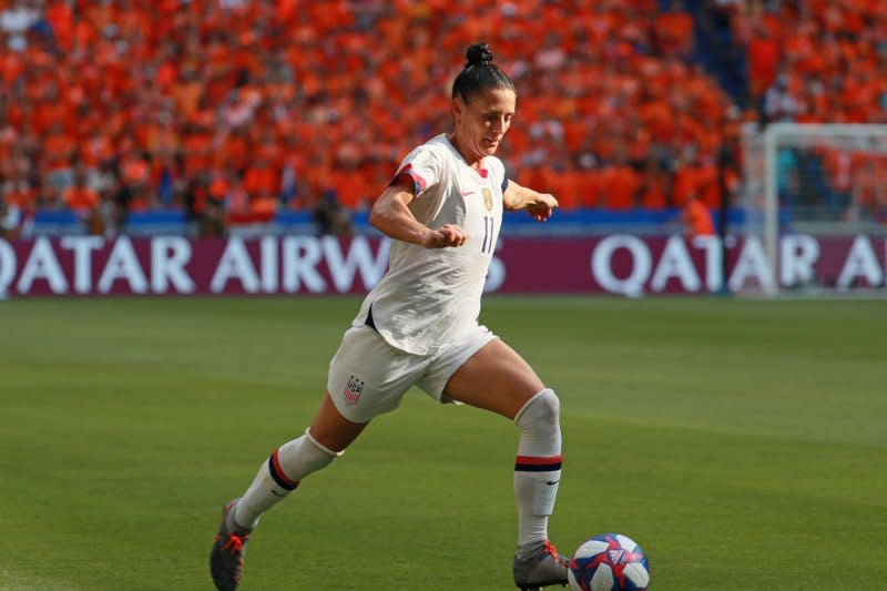 Ali Krieger plays for the U.S. Women's National Soccer Team in 2019. File Photo by David Silpa/UPI