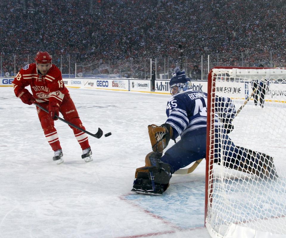 Red Wings' Pavel Datsyuk scores during the shootout at the Winter Classic at Michigan Stadium in Ann Arbor on Jan. 1, 2014. The Wings lost 3-2.
