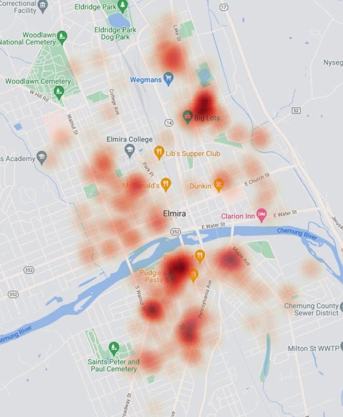 This map shows historical hotspots for reported shootings in the City of Elmira between 2018 and 2023, with darker areas representing a high concentration of gun-related violence.