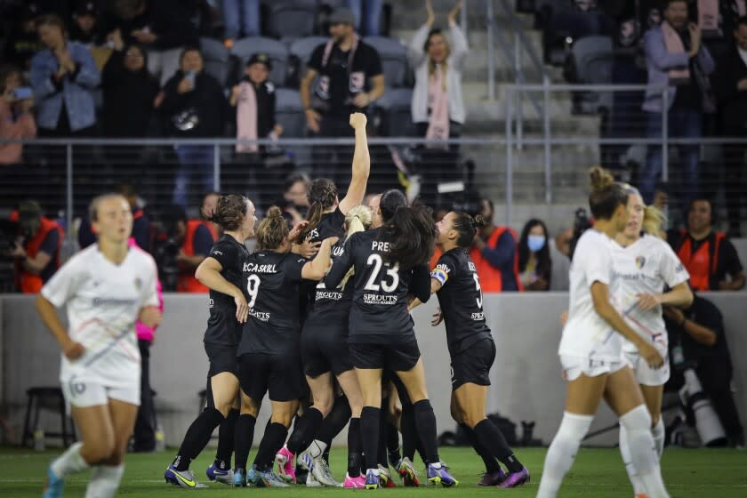 LOS ANGELES, CALIFORNIA - APRIL 29: Vanessa Gilles #4 of Angel City FC celebrates scoring.