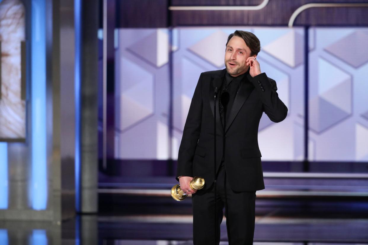 Kieran Culkin accepts the award for best performance by a male actor in a television series drama for portraying Roman Roy in HBO's "Succession."
