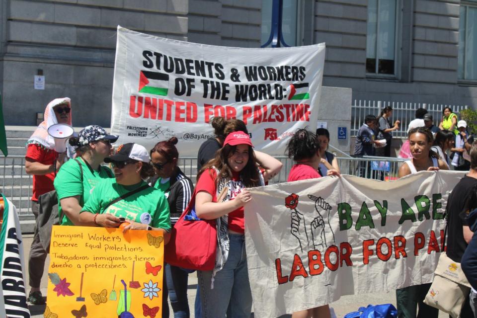 舊金山工人舉行國際勞動節集會兼反加薩戰爭遊行。（記者楊逸辰╱攝影）
