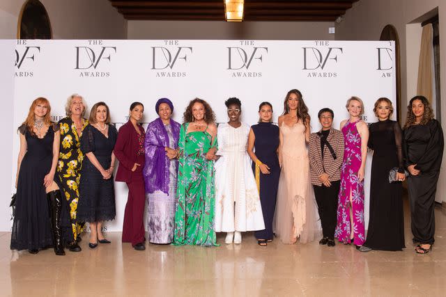 <p>Stefano Trovati-Alfonso Catalano/SGP</p> DVF Awards attendees including Emma Thompson (second from left) Nancy Pelosi (third from left). Diane von Furstenberg (center), Amal Clooney (third from center), Maria Ressa (fourth from right) and Rita Ora (second from right)