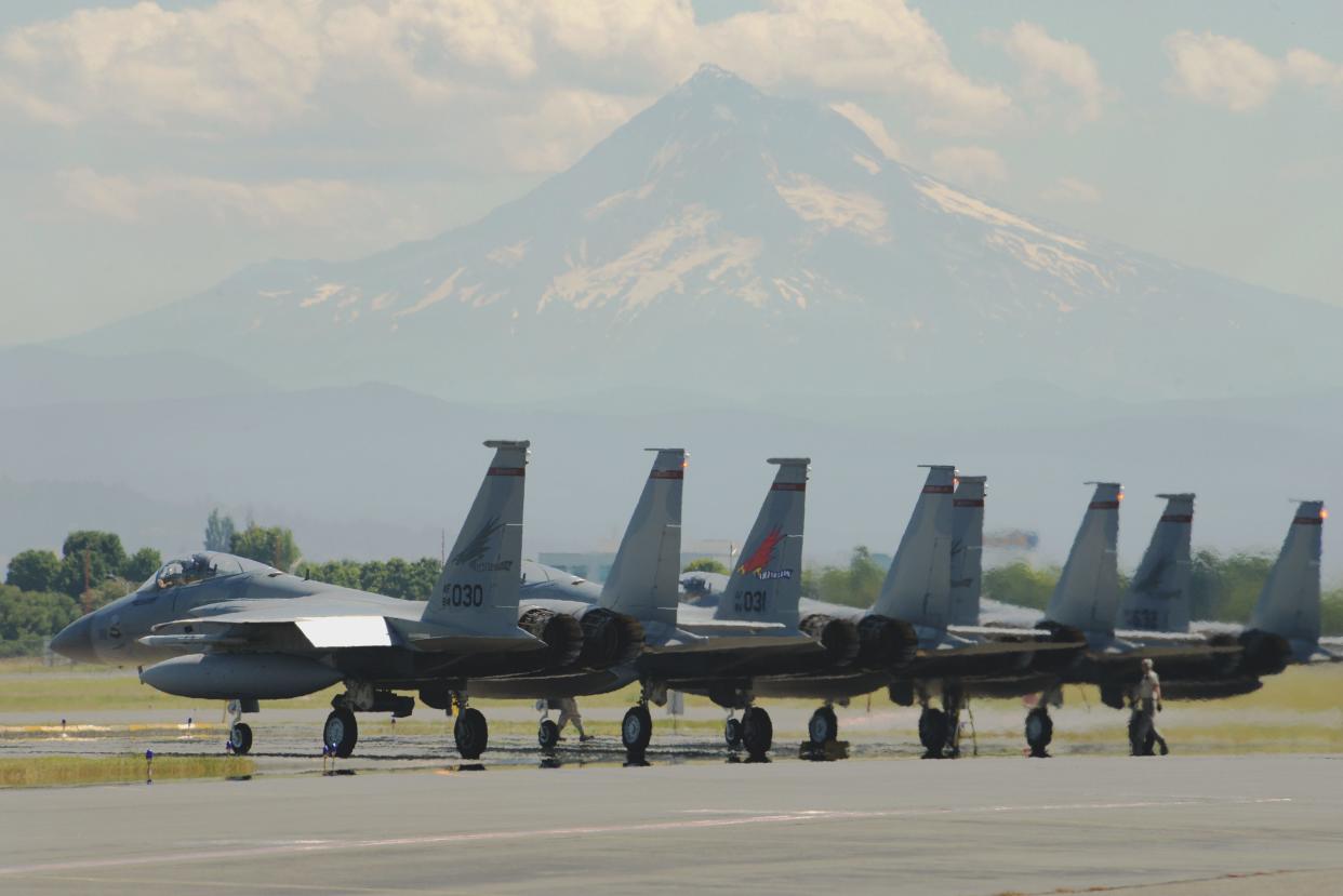 Oregon Air National Guard F-15C Eagles, assigned to the 142nd Fighter Wing, prepare for an afternoon training mission in 2019 at the Portland Air National Guard Base.