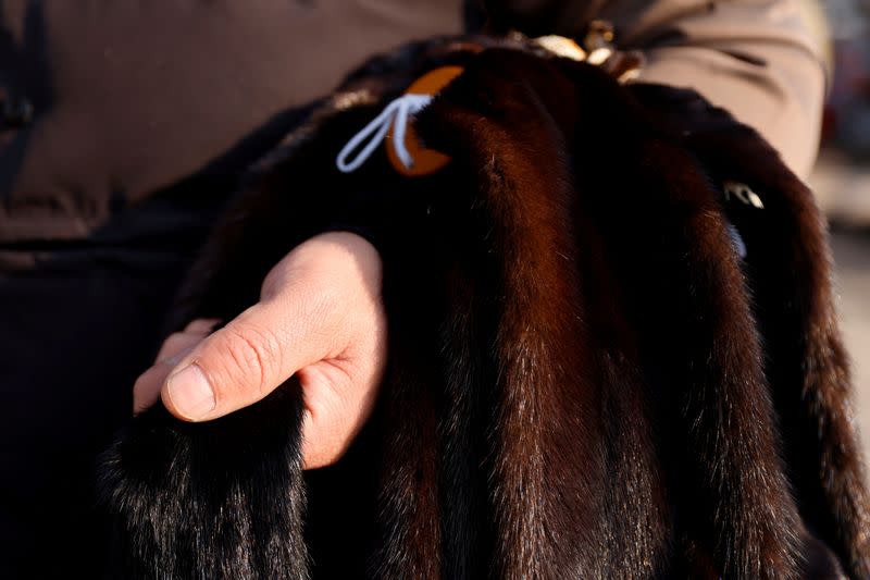 FILE PHOTO: A man carries mink furs at an open air market in Li county