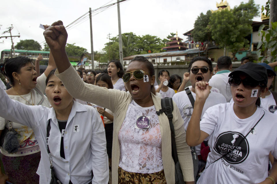 People shout slogans as they march during a protest in Yangon, Myanmar Saturday, July 6, 2019. Hundreds of people marched to Myanmar’s Central Investigation Department on Saturday in Yangon to demand justice for a 2-year-old girl who was allegedly raped in the country’s capital in May. (AP Photo/Thein Zaw)