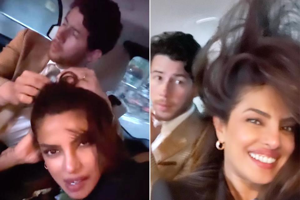 <p>Nick Jonas/Instagram</p> Nick Jonas helps wife Priyanka Chopra undo her ponytail in a video the actress shared on Instagram.