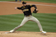 San Diego Padres starting pitcher Joe Musgrove throws to a Los Angeles Dodgers batter during the first inning of a baseball game in Los Angeles, Sunday, April 25, 2021. (AP Photo/Alex Gallardo)