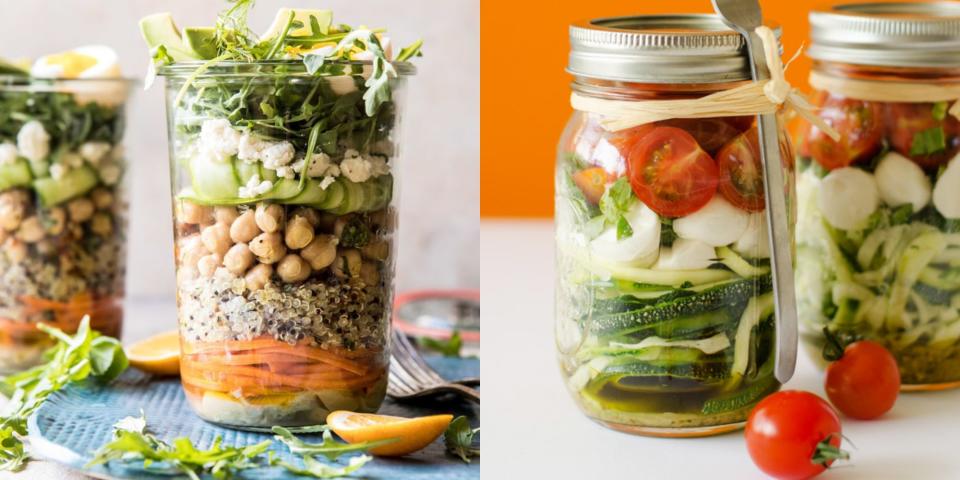 <p>Salads aren't always the most exciting lunch, we know. But these Mason jar salads prove that packing a healthy lunch can be fun when you're choosing your favorite ingredients and layering them in a nifty, see-through jar. Made with just a few simple ingredients you might already have in your fridge, these Mason jar salads come together beautifully and will make your mornings and afternoons a breeze. From the traditional chicken cobb to zucchini caprese, each of these grab-and-go salads takes no more than 30 minutes of prep. Just follow the recipes, and you'll have lunch for the entire week ready in no time. </p>