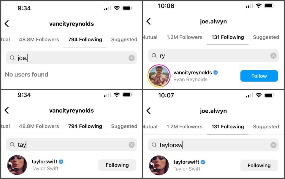 Where Ryan Reynolds’s and Joe Alwyn’s Instagram accounts stand as of April 21, 2023.