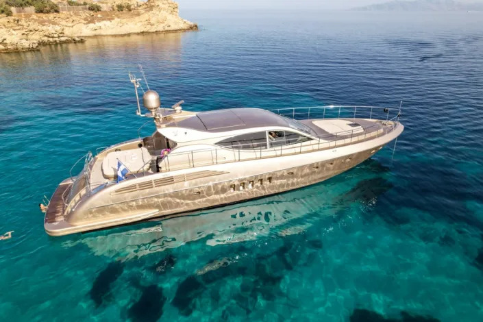 Aerial view of Zeus yacht floating in turquoise water