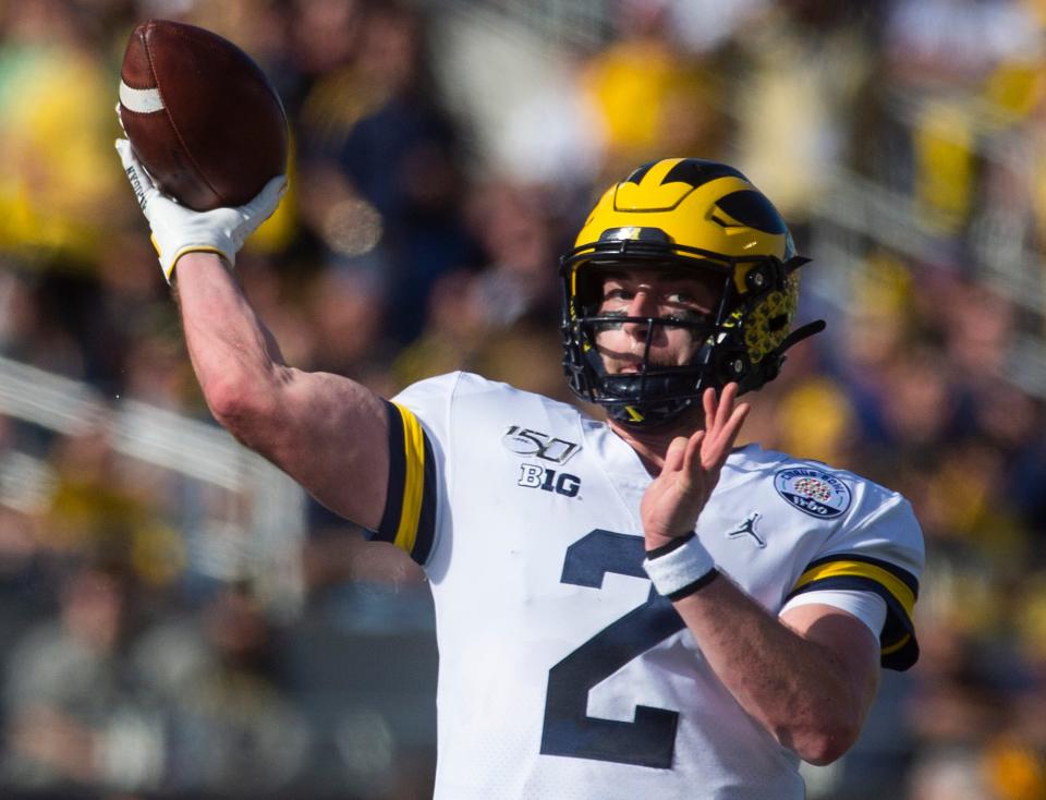 Michigan quarterback Shea Patterson (2) passes against Alabama in the Citrus Bowl in Orlando, Fla., on Wednesday January 1, 2020.
