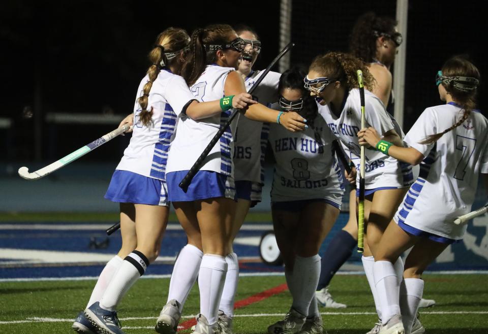 Hen Hud players celebrate a goal during a game with Walter Pants at Hendrick Hudson Oct. 12, 2023. Hen Hud won 2-0.
