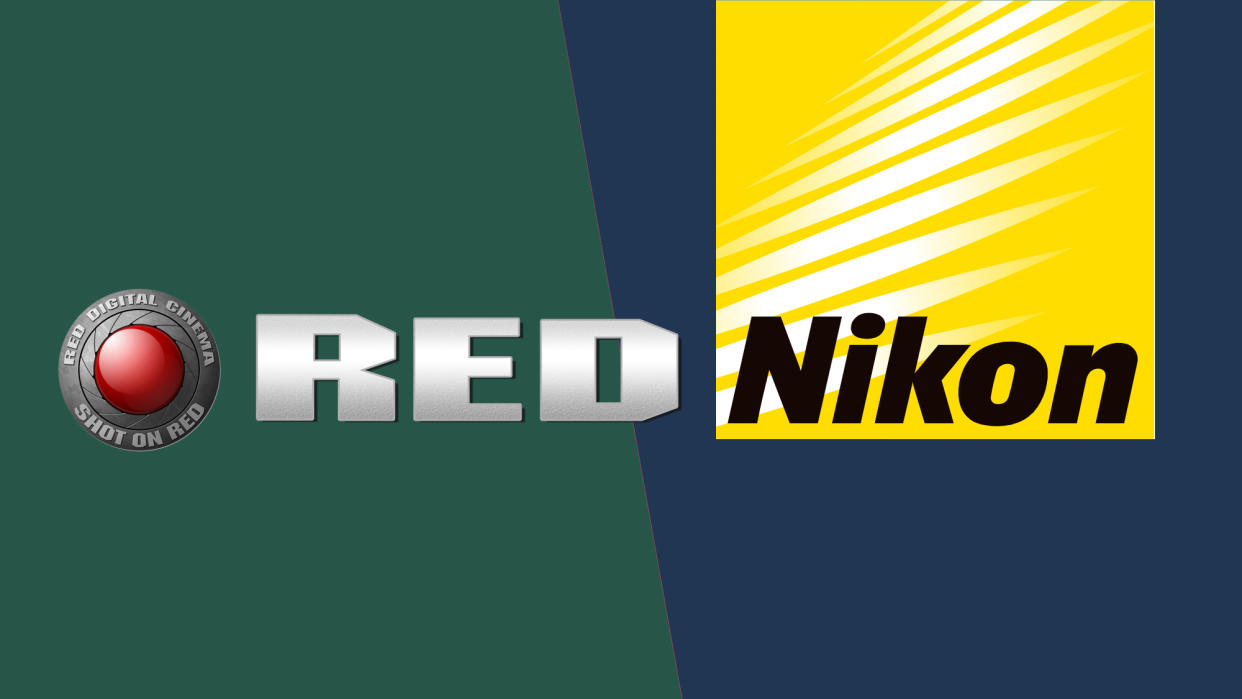  Red Digital Cinema and Nikon brand logos on a multi-color background. 