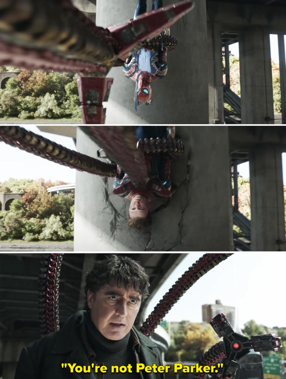 Doc Ock crushing Peter against a pillar and saying, "You're not Peter Parker"