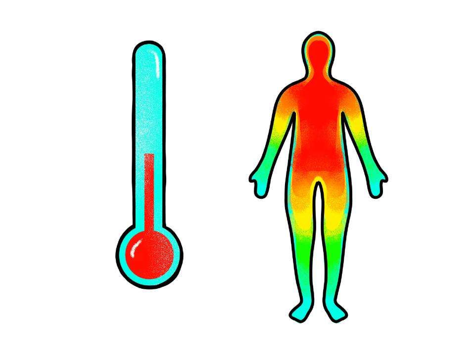 illustration of a thermometer next to an infrared map of a body cooling down