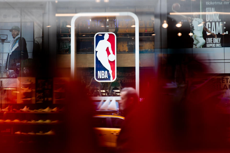 NEW YORK, NY - MARCH 12: An NBA logo is shown at the 5th Avenue NBA store on March 12, 2020 in New York City. The National Basketball Association said they would suspend all games after player Rudy Gobert of the Utah Jazz reportedly tested positive for the Coronavirus (COVID-19). (Photo by Jeenah Moon/Getty Images)