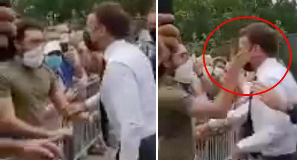 French President Emmanuel Macron was slapped during a visit to a small town. Source: Twitter/@AlexpLille
