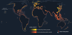 Satellite radar imagery (orange) reveals on a global scale the density of “dark vessels”—those not broadcasting their position— compared to fishing vessels that appear in public monitoring systems (yellow). ©Global Fishing Watch