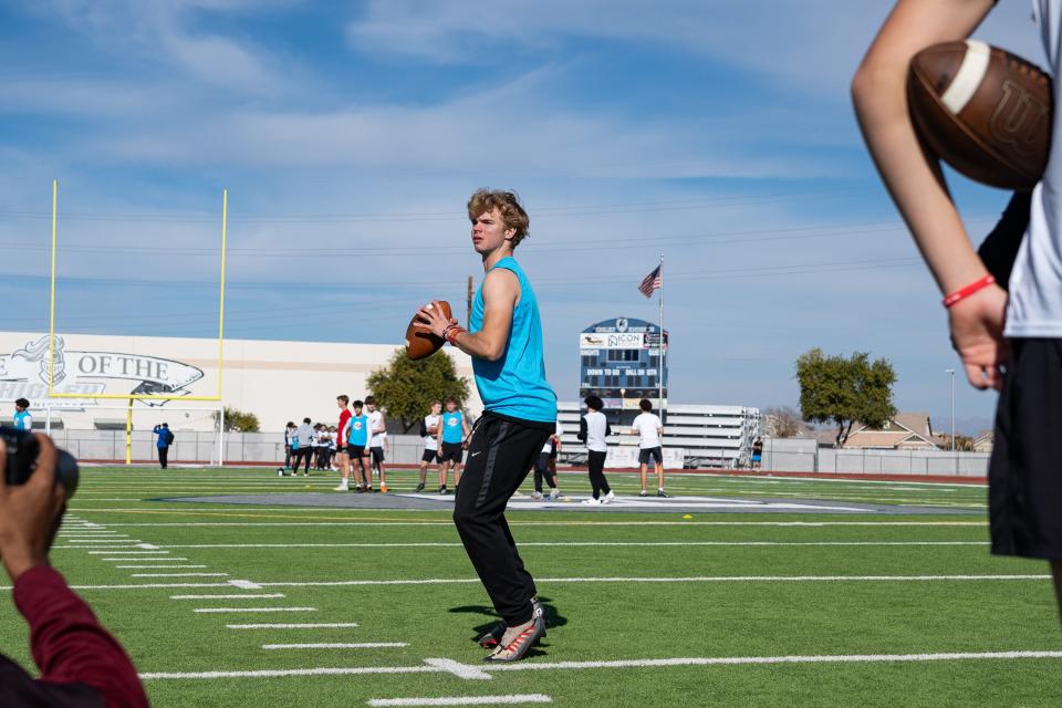 Higley High SchoolÕs Luke Haguo throws at the Elev8 Quarterback Academy winter camp at Higley High School on Jan. 6, 2024, in Gilbert, AZ.