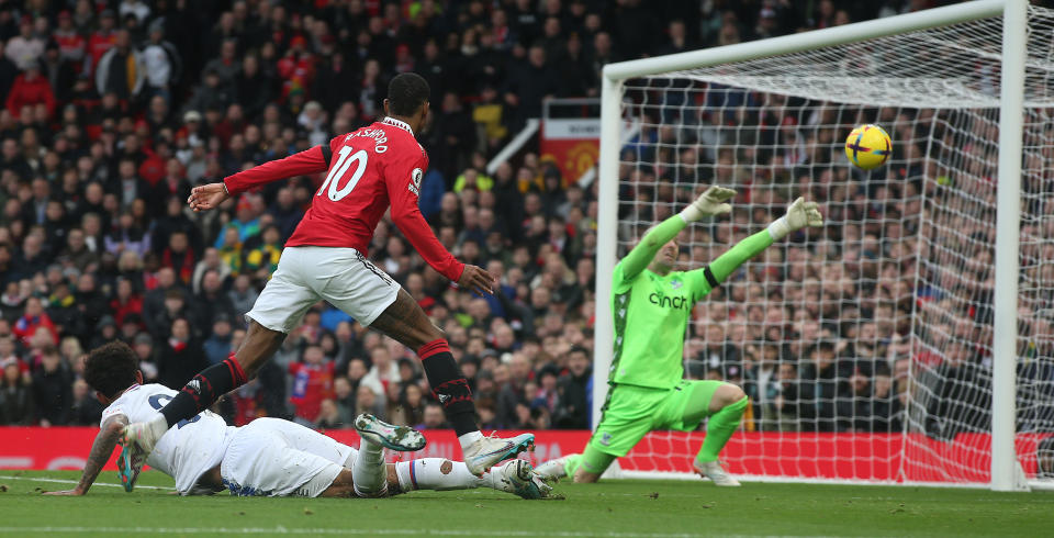 MANCHESTER, ENGLAND - FEBRUARY 04: Marcus Rashford of Manchester United has a shot on goal during the Premier League match between Manchester United and Crystal Palace at Old Trafford on February 04, 2023 in Manchester, England. (Photo by Matthew Peters/Manchester United via Getty Images)