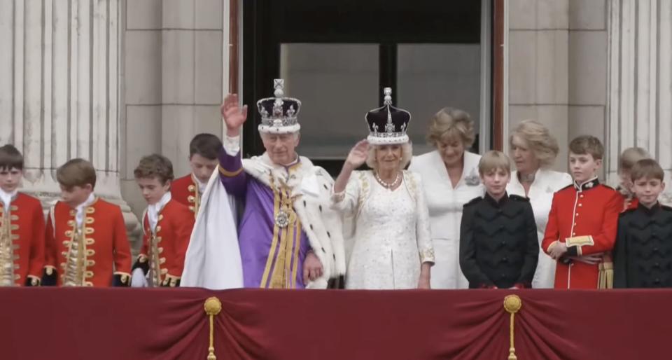 King Charles and Queen Camilla on the Buckingham Palace balcony.