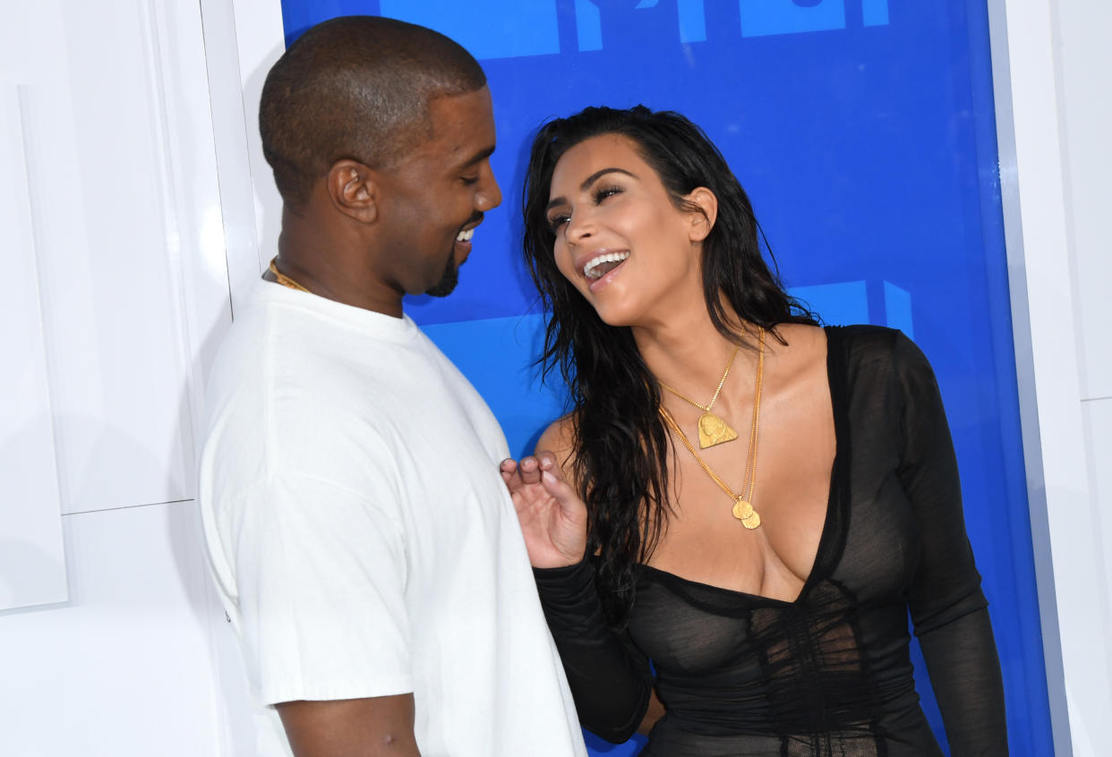 Kanye West and Kim Kardashian looking happy&nbsp;together at the 2016 MTV Video Music Awards.