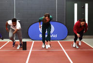 Britain's Catherine, Duchess of Cambridge, tries out the running track with starting blocks during a SportsAid event at the London Stadium in east London on February 26, 2020. (Photo by Yui Mok / POOL / AFP) (Photo by YUI MOK/POOL/AFP via Getty Images)