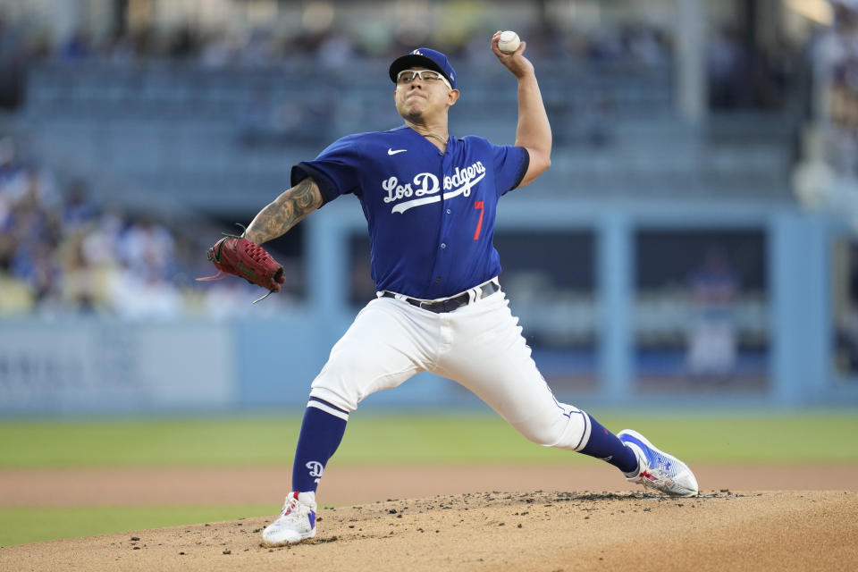 道奇Julio Urías繳出5局、無失分、5K的好投，賽後也順利收下本季第8勝。（AP Photo/Ashley Landis）