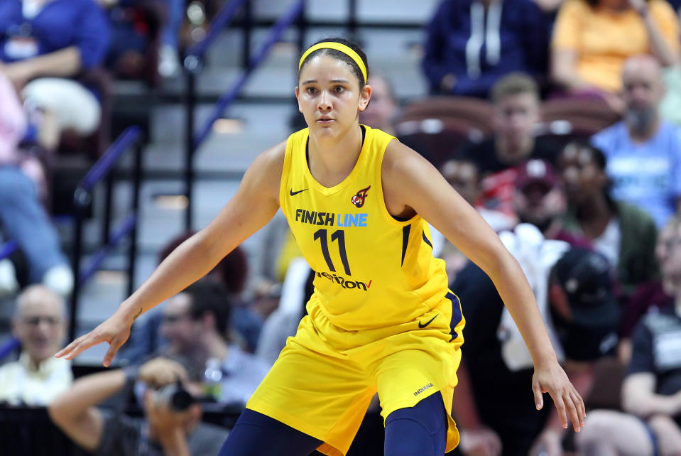 UNCASVILLE, CT - JUNE 27: Indiana Fever forward Natalie Achonwa (11) defends during a WNBA game between Indiana Fever and Connecticut Sun on June 27, 2018, at Mohegan Sun Arena in Uncasville, CT. Connecticut won 101-89. (Photo by M. Anthony Nesmith/Icon Sportswire via Getty Images)