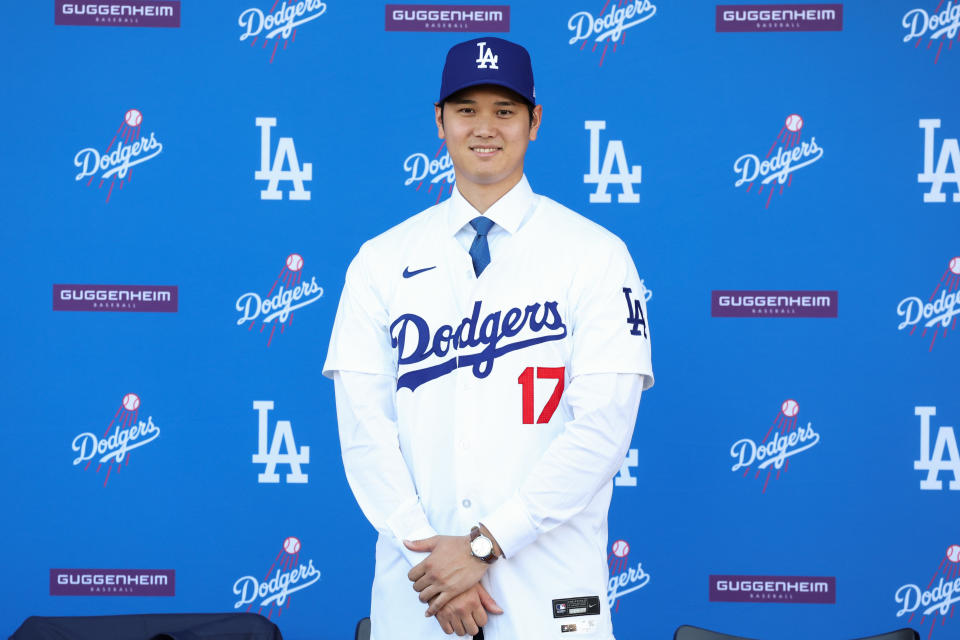 LOS ANGELES, CA - DECEMBER 14: The Los Angeles Dodgers introduce Shohei Ohtani as the newest member of the team during a press conference at Dodger Stadium in Los Angeles Thursday, Dec. 14, 2023.  The Dodgers signed Ohtani to a 10-year $700 million contract on a blockbuster free agency signing. (Wally Skalij / Los Angeles Times via Getty Images)