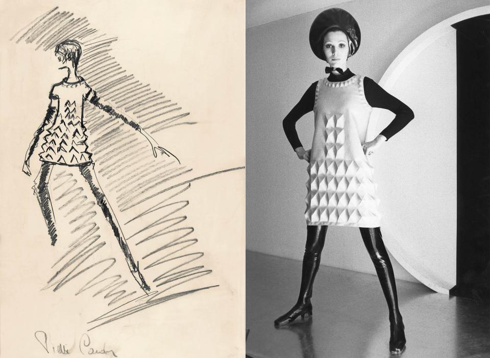 Sketch for a “Cardine” minidress, 1968, left, and the “egg carton” dress realized. ”You can wash it, pack it—it never crushes, never loses its shape—and wear it straightaway,” Vogue noted approvingly.